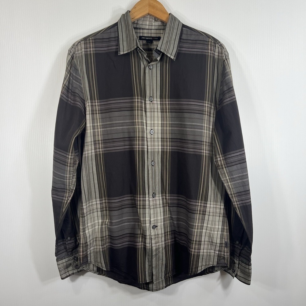 John Varvatos USA Plaid Shirt Mens Size Medium Brown Button Down 100% Cotton